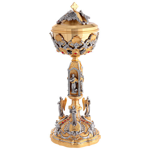 Chalice and ciborium of 24K gold-plated brass with angels, saints, and red crystals 4