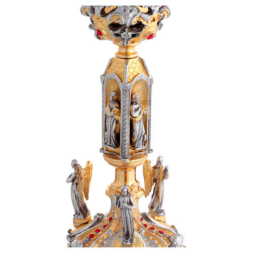 Chalice and ciborium of 24K gold-plated brass with angels, saints, and red crystals 6
