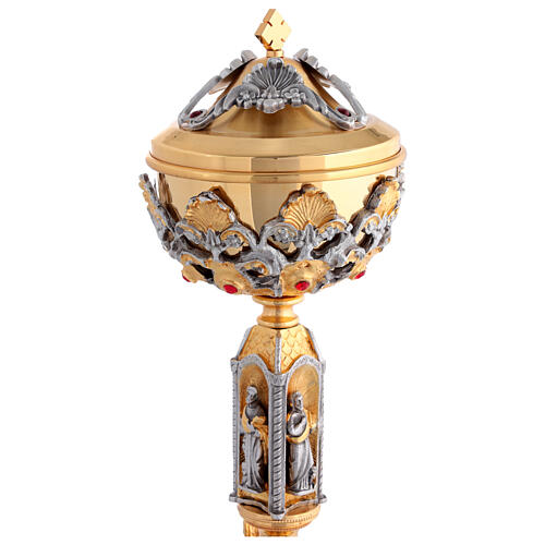 Chalice and ciborium of 24K gold-plated brass with angels, saints, and red crystals 7