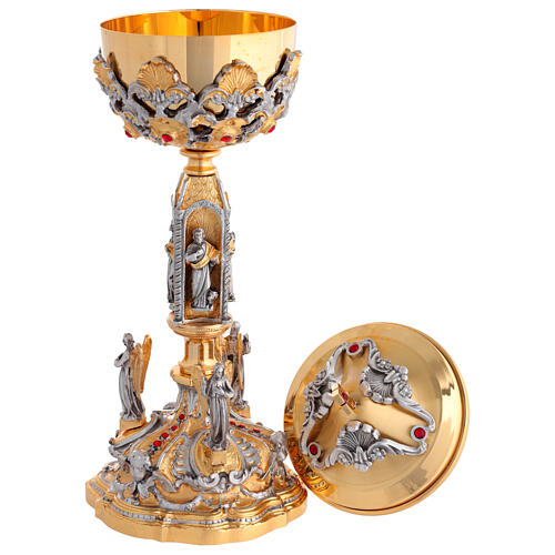 Chalice and ciborium of 24K gold-plated brass with angels, saints, and red crystals 9