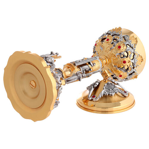 Chalice and ciborium of 24K gold-plated brass with angels, saints, and red crystals 12