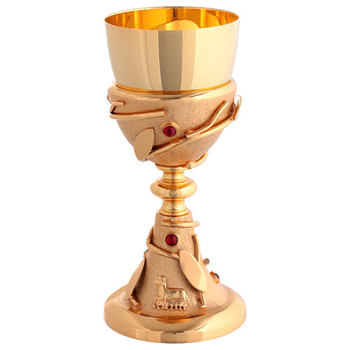 Chalice and ciborium, 24kt gold plated brass with olive design and red crystals 2