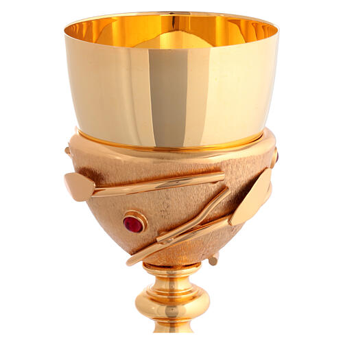 Chalice and ciborium, 24kt gold plated brass with olive design and red crystals 3