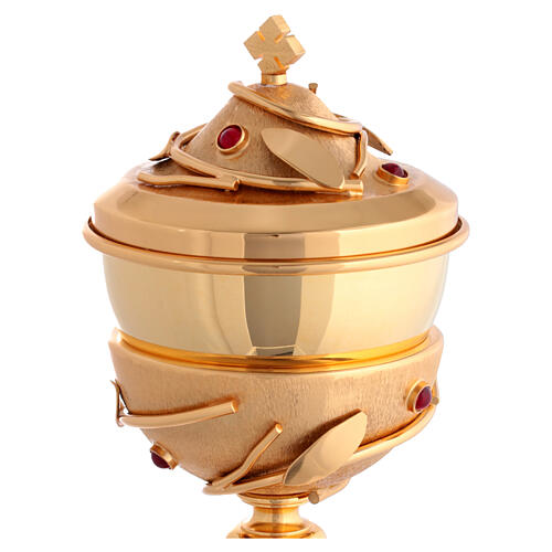 Chalice and ciborium, 24kt gold plated brass with olive design and red crystals 6