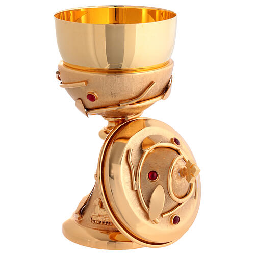 Chalice and ciborium, 24kt gold plated brass with olive design and red crystals 7