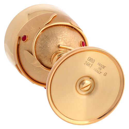 Calice et ciboire laiton plaqué or 24kt décor olivier et cristaux rouges 11