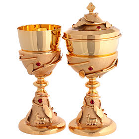 Calice e Pisside ottone placcato oro 24kt decori ulivo e cristalli rossi