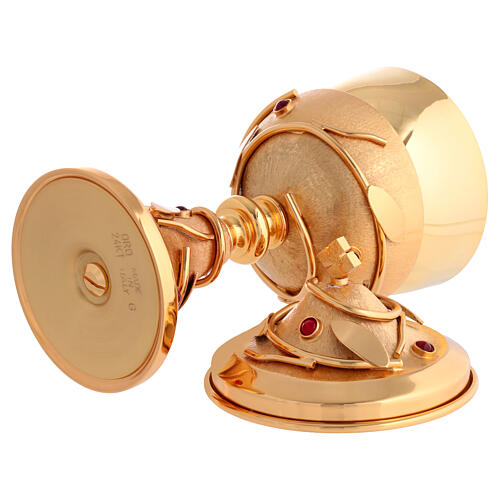 Calice e Pisside ottone placcato oro 24kt decori ulivo e cristalli rossi 9