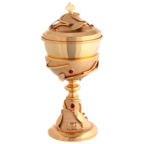 Chalice and Ciborium in 24kt Gold-Plated Brass with Olive Motifs and Red Crystals 4