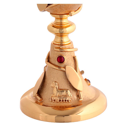 Chalice and Ciborium in 24kt Gold-Plated Brass with Olive Motifs and Red Crystals 5
