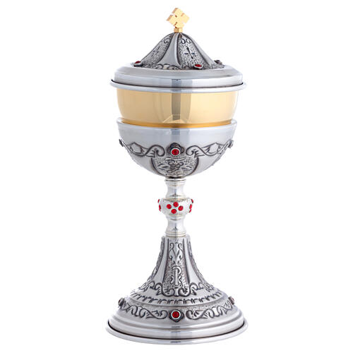 Silver chalice and ciborium with gold finish and red gemstone engravings 5