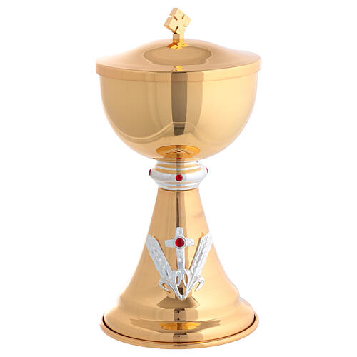 Calice e pisside dorati croce e spighe di grano con gemme rosse 5