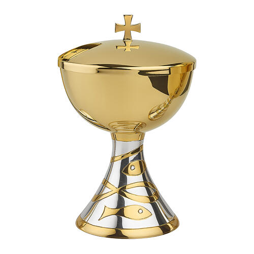 Chalice and ciborium in brass double finish fish engraving Molina 1