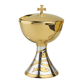 Chalice and ciborium by Molina with engraved fish, golden brass base, and blue enamel