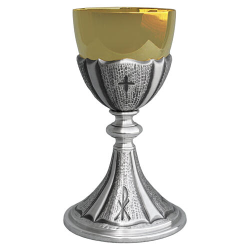 Calice et ciboire ciselés symboles Chi-Rho et croix finition argent ancien 2