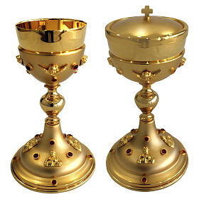 Chalice and ciborium in 24k gold-plated brass with angels, red stones and Evangelists