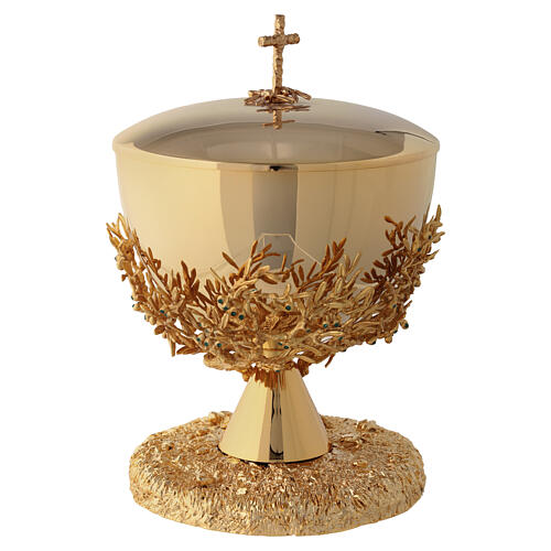 Cibório árvore de oliveira com cristais esmeralda latão banhado a ouro 18 kt Pical Arte 6