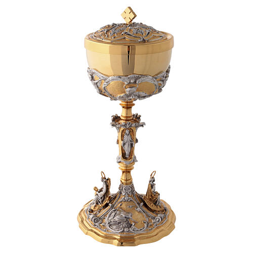 Calice et ciboire bicolores or et argent avec Saints et Vertus théologales 11