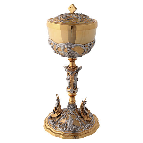 Calice et ciboire bicolores or et argent avec Saints et Vertus théologales 15