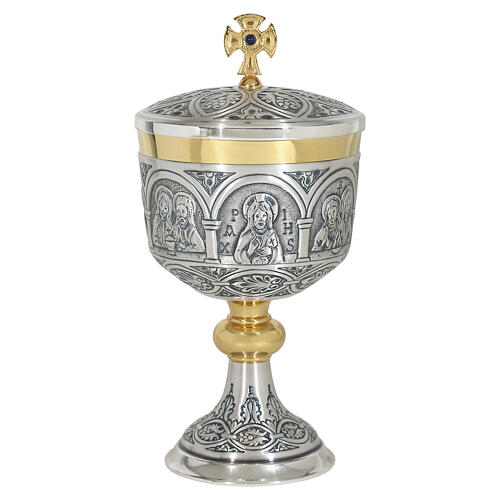 Tassilo Chalice and Ciborium in Silvered Chiseled Brass with Jesus and the Disciples 3
