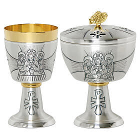 Chalice and ciborium, Emmaus Supper, silver-plated brass