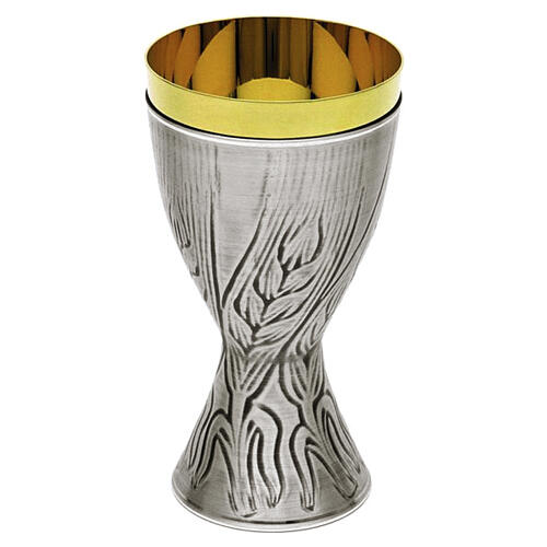 Chalice and ciborium in silver-plated brass with turned wheat-ear decoration 2