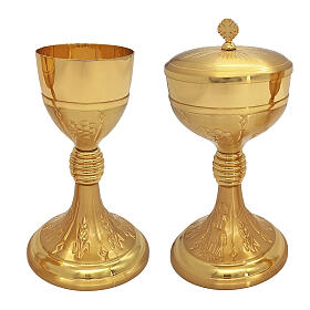 Chalice and ciborium in silver-plated brass with grapes, ears of wheat, Lamb and cross