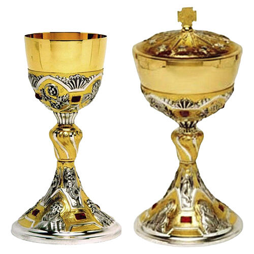 Cálice e píxide eletroformados com os 4 evangelistas e pedras vermelhas 1