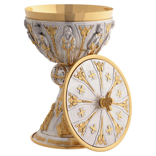 Bicolour gold and silver brass chalice and ciborium with Four Evangelists and saints 5