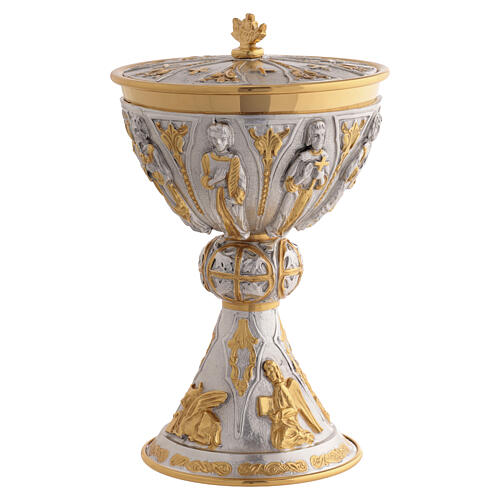 Bicolour gold and silver brass chalice and ciborium with Four Evangelists and saints 9