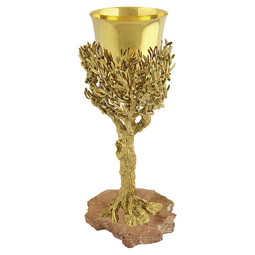 ULIVO liturgical set, 18 kt gold‑plated with green crystals, Assisi stone base, Pical Arte Creazioni 3
