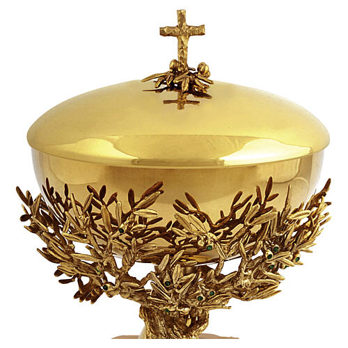 ULIVO liturgical set, 18 kt gold‑plated with green crystals, Assisi stone base, Pical Arte Creazioni 4