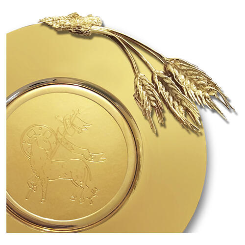 Paten, 18kt gold-plated with engraved Agnus Dei and gold ears of wheat, 180 mm, Pical Arte Creazioni 2