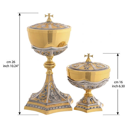 Set calice pisside patena ottone bicolore Annunciazione Nascita e Battesimo di Gesù 4