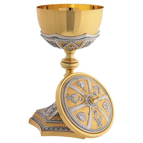 Set calice pisside patena ottone bicolore Annunciazione Nascita e Battesimo di Gesù 6