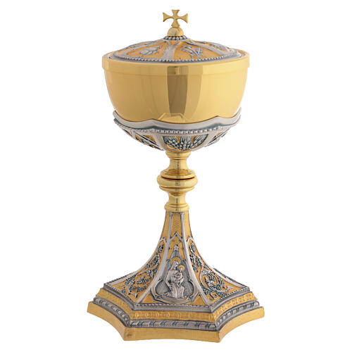 Set calice pisside patena ottone bicolore Annunciazione Nascita e Battesimo di Gesù 8
