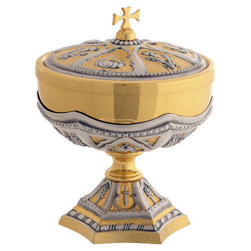 Set calice pisside patena ottone bicolore Annunciazione Nascita e Battesimo di Gesù 12