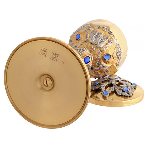 Pisside in fusione doratura 24K con pietre blu chiaro e santi 4
