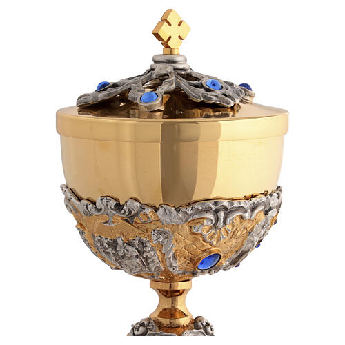 Brass Ciborium 24K Gold-Plated with Light Blue Stones and Saints 2
