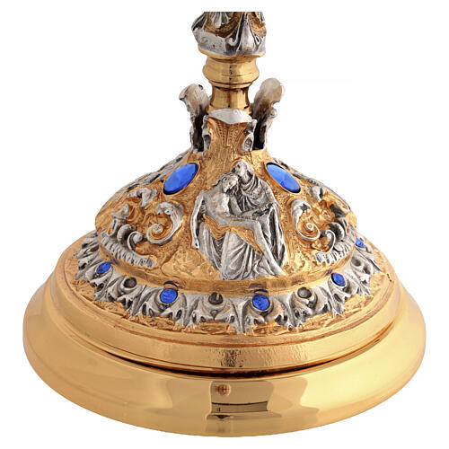 Brass Ciborium 24K Gold-Plated with Light Blue Stones and Saints 6
