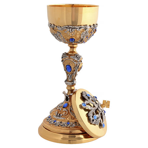 Brass Ciborium 24K Gold-Plated with Light Blue Stones and Saints 13