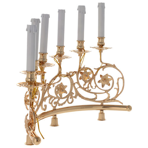 Pair of candelabra with 6 arms in cast brass with wooden candles, Baroque style 15cm 8