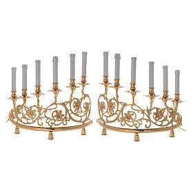 Pair of candelabra with 6 arms in cast brass with wooden candles, Baroque style 15cm