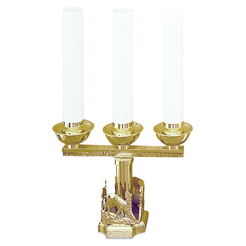 Candelabra with deer at the font in golden cast brass 21cm, 3 arms 1