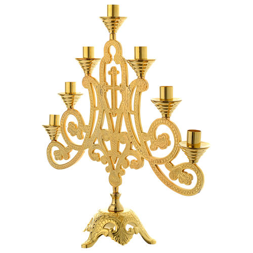 Candelabra for seven lights with cross in gold brass 2