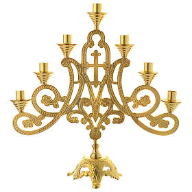 Candelabra for seven lights with cross in gold brass