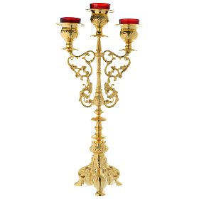 Candelabros: Candelabro de Três Braços em Latão Dourado com Vidros.