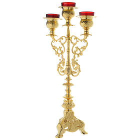 Candelabros: Candelabro de Três Braços em Latão Dourado com Vidros.