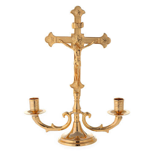 Candelabro de dois chamas latão dourado Crucifixo duplo 26x32x9,5 cm 1