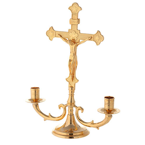 Candelabro de dois chamas latão dourado Crucifixo duplo 26x32x9,5 cm 3